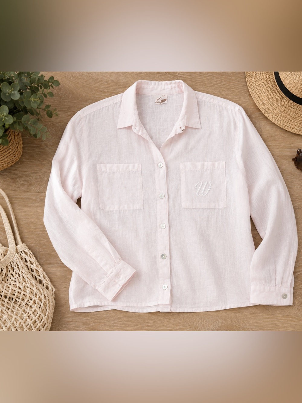 LG 100% Linen Made in Lithuania Shirt Blush Pink Monogram Pocket Button Up Small